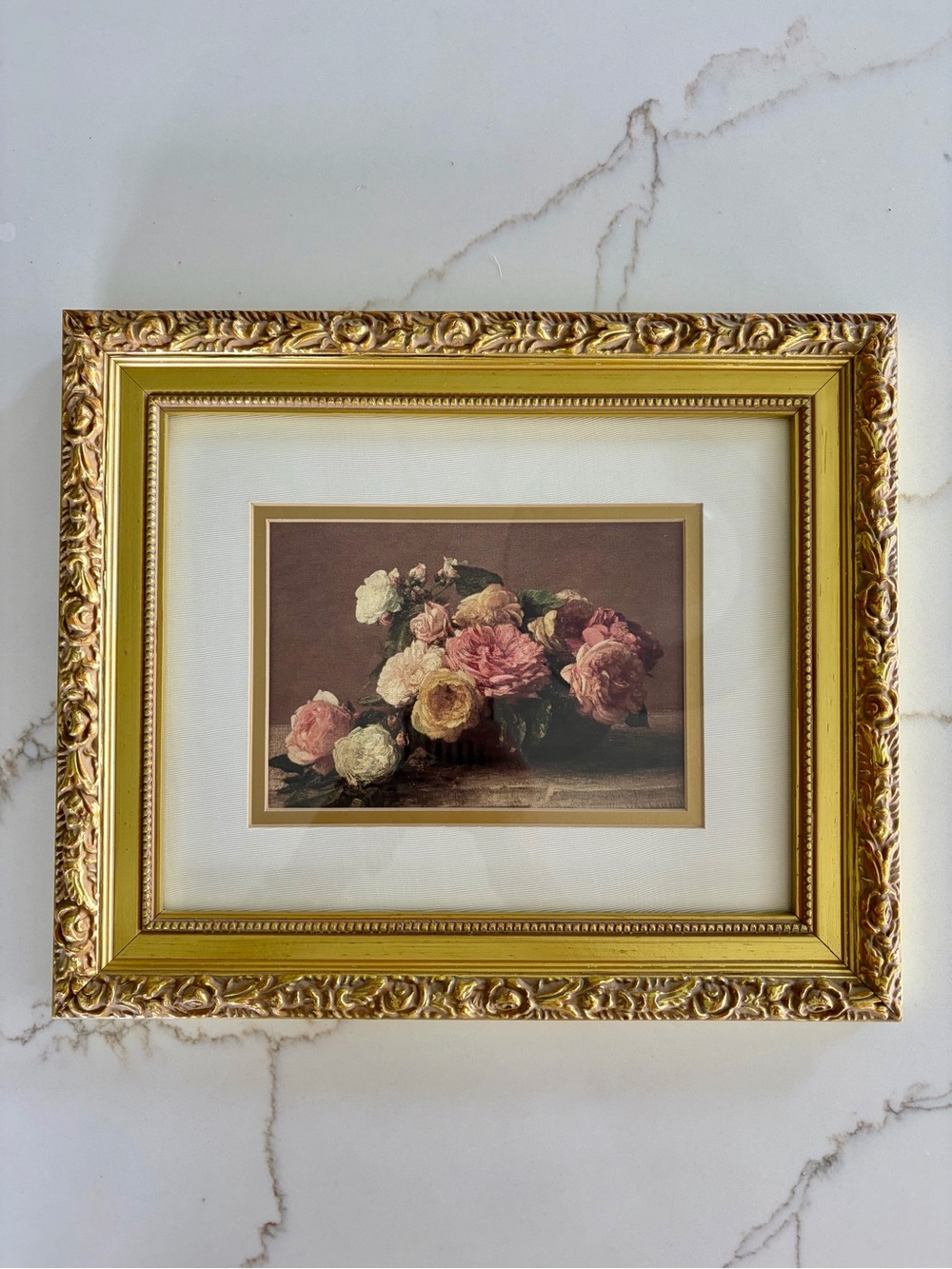 Vintage 1990s Ornate Gold Framed Floral Print Cottagecore, Hollywood Regency